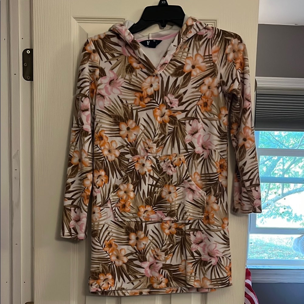 Lands End Kids Floral Hooded Swimsuit Coverup Dress in Terrycloth